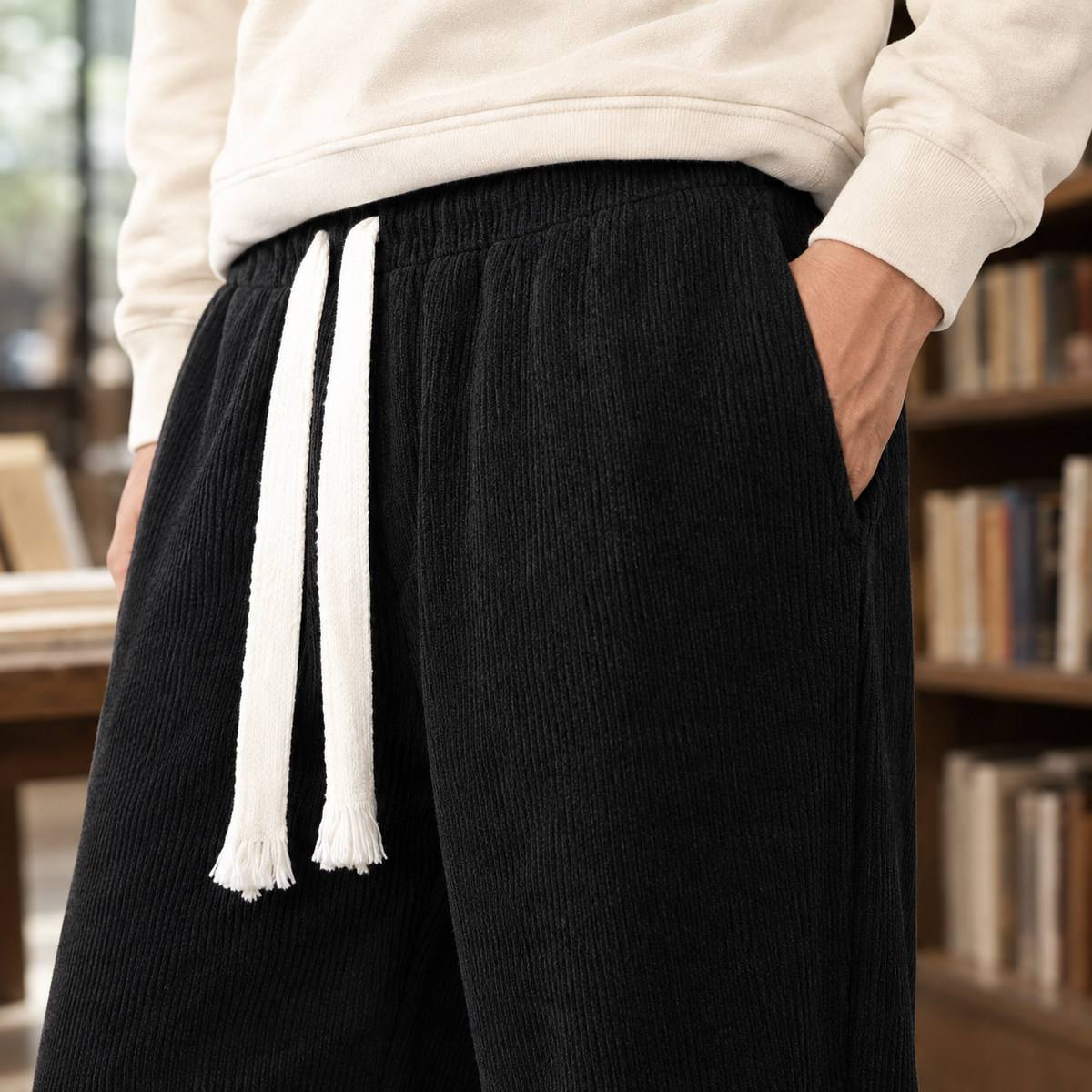 Wide Leg Ribbed Drawstring Pants